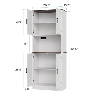 MHOM 71" Tall Pantry Cabinet with Charging Station, Farmhouse Kitchen Hutch with Adjustable Shelves, Modern Kitchen Pantry Storage Cabinet for Dinning Room & Living Room, Antique White - color: White