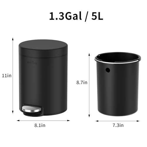 mVm Bathroom Trash Can,1.3 Gallon/5 Lliter Small Trash Can with Lid and Foot Pedal,Soft-Close,Anti-Fingerprin.Step Round Stainless Steel Garbage Can for Bathroom,Bedroom,Office,Living Room(Black) - color: Black, size: 1.3Gal/5L