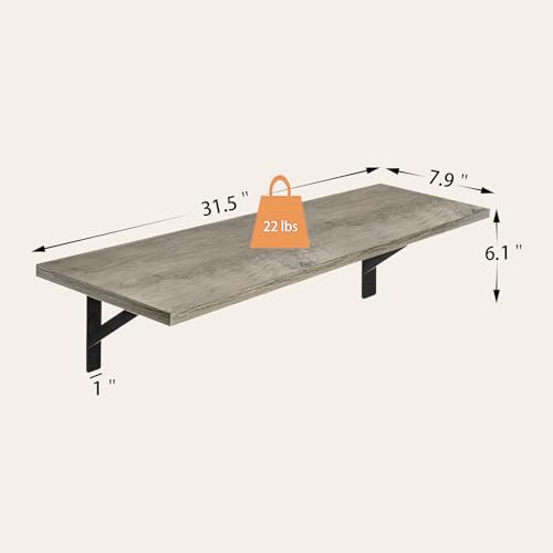 Long Wall Shelves, 31.5" Wall Mounted Shelves with Metal Brackets | Floating Book Shelves, Set of 2, Easy Assembly, Max Load 22lbs, Wall Storage Ledges, Living Room/Bathroom/Bedroom, Gray Wash - color: Grey Wash, size: 31.5 Inch