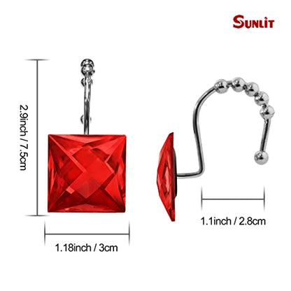 Sunlit Luxury Design Square Red Diamond Crystal Gem Bling with Glide Balls Shower Curtain Hooks, Rust Proof Metal Rhinestones Glam Shower Curtain Rings-12 Pack - color: Red