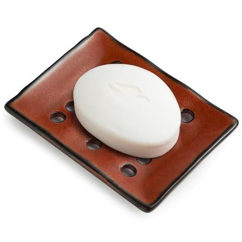 Bar Soap Holder Shower, Ceramic Bathroom Soap Dish with Drainage | Japanese Soap Tray for 2 Bar Soaps | Drain Design Keep Bar Dry and Tidy | Sponge Holder for Kitchen, Bathroom Essentials, Red - color: Red, size: with Drain Holes