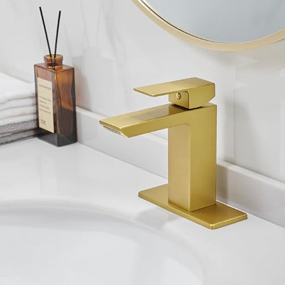RUMOSE Bathroom Faucets 1 & 3 Hole Vanity Faucet with Drain Brushed Gold | Single Handle Bathroom Sink Faucet Set Waterfall Spout Kit with Deck Plate Rv Lavatory Basin Faucet, Stainless Steel - color: Brushed Gold