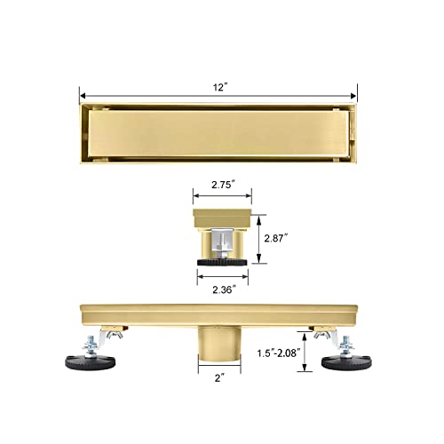12" Linear Shower Drain Brushed Gold Drain with Tile Insert Grate | AISI 304 Stainless Steel Fast Drainage Rectangle Hidden Shower Trench,Detachable Hair Catcher Easy to install,Leveling Feet - color: Gold, size: 12 Inch (No Base)