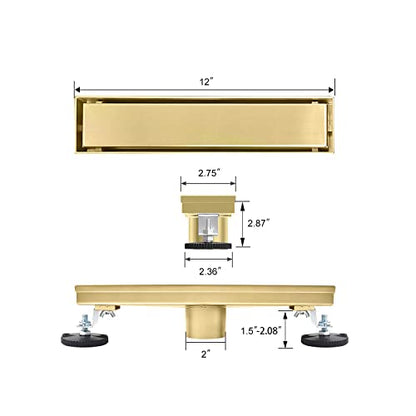 12" Linear Shower Drain Brushed Gold Drain with Tile Insert Grate | AISI 304 Stainless Steel Fast Drainage Rectangle Hidden Shower Trench,Detachable Hair Catcher Easy to install,Leveling Feet - color: Gold, size: 12 Inch (No Base)