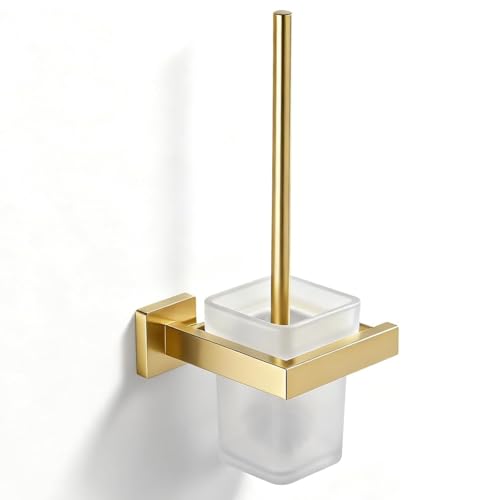 Brushed Gold Toilet Brush and Holder Set, NEWRAIN Wall Mounted Toilet Bowl Brush with Long Handle, Stainless Steel Toilet Brushes for Bathroom-Space Saving - color: Brushed Gold