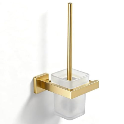 Brushed Gold Toilet Brush and Holder Set, NEWRAIN Wall Mounted Toilet Bowl Brush with Long Handle, Stainless Steel Toilet Brushes for Bathroom-Space Saving - color: Brushed Gold