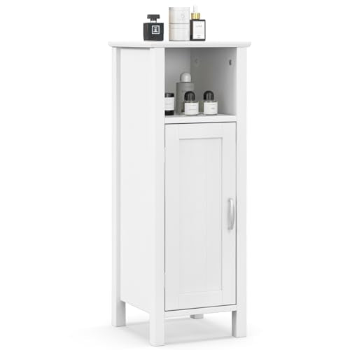 Giantex Narrow Bathroom Storage Cabinet with Adjustable Shelf (White) | Corner Unit with Open Compartment, Anti-toppling Device, Freestanding Small Storage Organizer for Living Room - color: White, size: 12''D × 12''W × 31.5''H