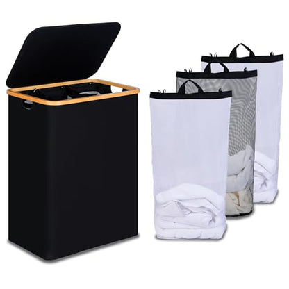 efluky Laundry Hamper with Lid, Trio Laundry Basket with 2 Removable Bags, 3 Section Laundry Bin with Bamboo Handles for Bathroom, Bedroom & Laundry Room, 160L (42.3 Gallon) Black - color: Black, size: 160L Trio