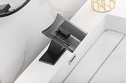 Black Bathroom Sink Faucet LED Light 3 Color Changing Waterfall Glass Spout | Hot and Cold Water Mixer Single Handle One Hole Deck Mounted Bathroom Faucet Lavatory Vanity Basin Mix Tap - color: Black, style: with LED Light