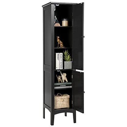Tangkula Tall Bathroom Storage Cabinet, 5-Tier Wooden Freestanding Tower Cabinet, Narrow Storage Floor Cabinet w/ 2 Doors & Shelves for Bathroom Living Room Kitchen (Black)