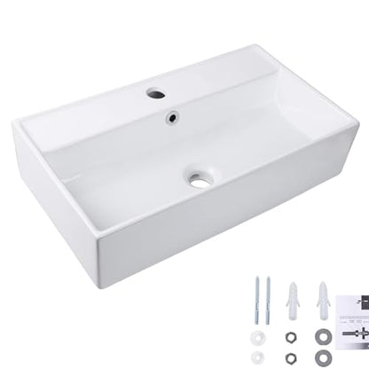 Wall Mount Rectangular Bathroom Sink, QISHKA 22"x12.4" Modern Ceramic Floating Vessel Sink, White Rectangle Vanity Sink with Overflow, Wall Hung Wash Hand Basin - size: 22" x 12.4" x 5.3"