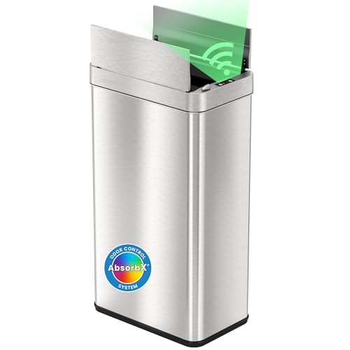 iTouchless 68 Liter / 18 Gallon Wings-Open Lid Sensor Kitchen Trash Can with Odor Filter, Dog-Proof Slim Automatic Large Capacity Stainless Steel Garbage Recycling Bin for Home Office Business Garage - color: Mist Silver, Brushed Stainless Steel
