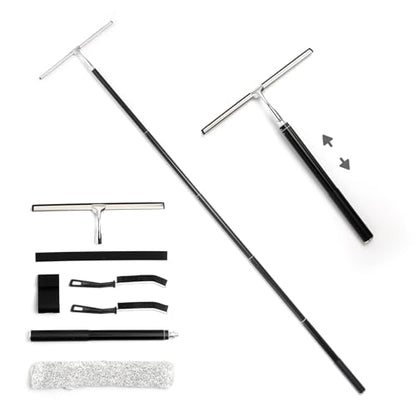 17“- 60" Extendable Long Handle 2-in-1 Window Squeegee Silver | 12.4" Wide Metal Shower Squeegee for Glass Doors, 2-in-1 Squeegee for Home Window Cleaning, Tile Wall, Car - color: Black/Silver