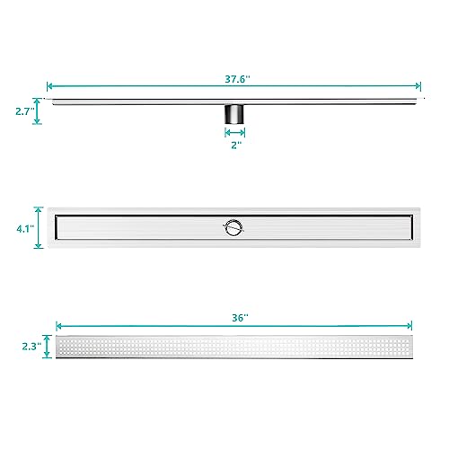 36 inch Linear Shower Drain with Square Hole Pattern Grate Cover | Brushed 304 Stainless Steel Bonding Flange Linear Drain, Low Profile Linear Shower Drain with Hair Strainer - color: 36 in, size: Quadrato Pattern