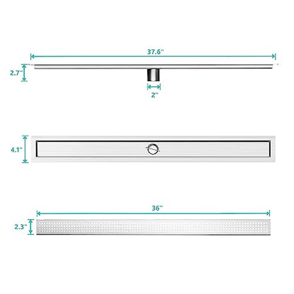 36 inch Linear Shower Drain with Square Hole Pattern Grate Cover | Brushed 304 Stainless Steel Bonding Flange Linear Drain, Low Profile Linear Shower Drain with Hair Strainer - color: 36 in, size: Quadrato Pattern