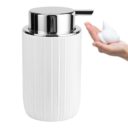 Soap Foaming Dispenser Ceramic with Easy-to-Press Pump Hand Foam Dispenser for Shampoo Bathroom Countertop 13.5 oz - color: Foam-stripes Silverwhite