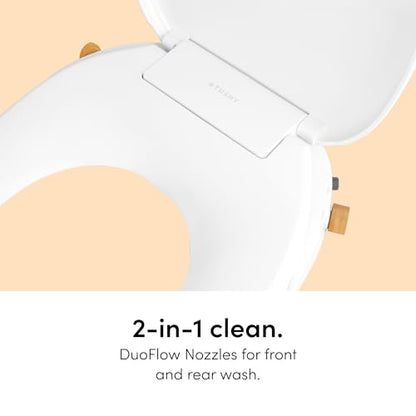 TUSHY Oasis Non-Electric Warm Water Bidet Seat, Elongated, Bamboo Knob | Self-Cleaning Dual Nozzles, Adjustable Temperature and Pressure, Soft-Close Lid, 10 Minute DIY Install, Sink Access Required - color: White/Bamboo, style: Dual Temp - Elongated Seat
