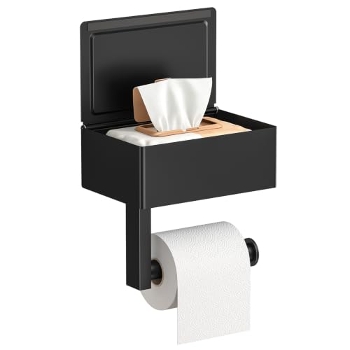 FORIOUS Toilet Paper Holder with Shelf, Wall-Mounted Modern Wipes Dispenser | Matte Black | Toilet Paper Holder with Storage | Baby Wipes Dispenser for Bathroom | 6.5"x4.5" Lighter Shelf - color: Matte Black, size: 1 Pack-6.5" (L)