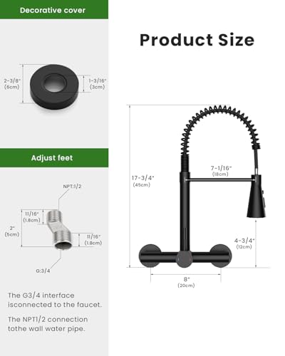 Matte Black Wall Mount Kitchen Faucet Single Handles, 8 Inch Center Wall Commercial Utility Sink Faucet with Pull Out Sprayer 3 Modes - color: Wall Mount-Matte Black, style: Wall Mount