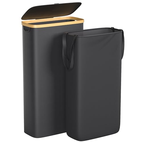 Foluck Slim Laundry Hamper, 60L Waterproof Narrow Laundry Basket with Lid and Removable Bag, Collapsible Tall Clothes Hamper with Bamboo Handles for Clothes Toys in Dorm Bedroom Bathroom, Black - color: Black, size: 60L