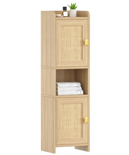 Akxomel 9.8''W Rattan Small Bathroom Storage Cabinet 2 Doors Oak | Small Bathroom Cabinet with Adjustable Shelf, Bathroom Organizer for Small Spaces, Wooden Corner Unit