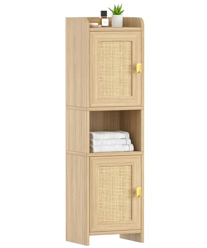 Akxomel 9.8''W Rattan Small Bathroom Storage Cabinet 2 Doors Oak | Small Bathroom Cabinet with Adjustable Shelf, Bathroom Organizer for Small Spaces, Wooden Corner Unit