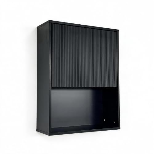 Fluted Bathroom Wall Cabinet Over the Toilet Storage,Wall Mounted Cabinet with Adjustable Shelf,Floating Cabinet Organizer Hanging Cabinet,Kitchen and Laundry Room Cabinets (Black, 1 PC) - color: Black