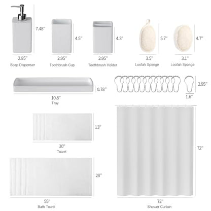Resin White Bathroom Set, White Bathroom Accessories Set with Shower Curtain, Bath Towel Set, Natural Loofah Sponge, Soap Dispenser, Toothbrush Holder, Bathroom Tumbler and Tray for Bathroom - size: Bath Set+Shower Curtain+Towel Set+2PCS Loofah, style: Wh