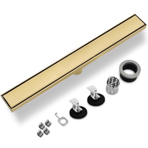Linear Shower Drain ，with Tile Insert Panels ，28 Inch Brushed Gold 304 Stainless Steel Rectangle Shower Floor Drain，with Hair Catcher, Adjustable Feet - color: Brushed Gold, size: 28inch