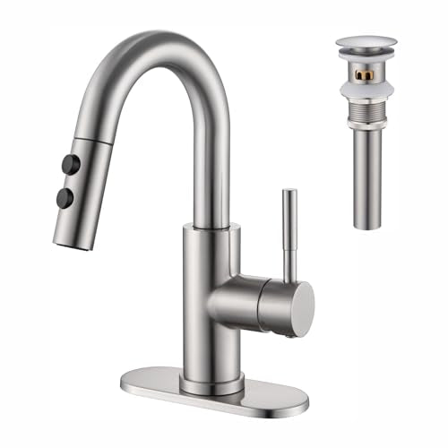 Bathroom Faucet with Sprayer, Brushed Nickel Single Hole with Pop-Up Drain | Kablle Single Handle Pull Out 1 or 3 Hole Laundry Bar Basin Faucet with Deck Plate, KBL-7002BN-CL - color: Brushed Nickel