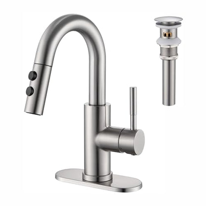 Bathroom Faucet with Sprayer, Brushed Nickel Single Hole with Pop-Up Drain | Kablle Single Handle Pull Out 1 or 3 Hole Laundry Bar Basin Faucet with Deck Plate, KBL-7002BN-CL - color: Brushed Nickel