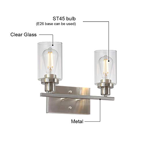 MELUCEE 2 Heads Bathroom Light Fixtures Brushed Nickel | Metal Wall Lights with Clear Glass Shade Modern Vanity Lights Sconces for Hallway Bedroom Kitchen (Patent No.: US D963914 S) - color: Brushed Nickel, size: 2-Light