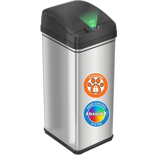 iTouchless 13 Gallon / 50 Liter Sensor Dog Poop Trash Can with Lid & AbsorbX Odor Filter, Pet-Proof Lid Lock Pet Stainless Steel Touchless Waste Bin, Large Capacity, Silver - color: Silver