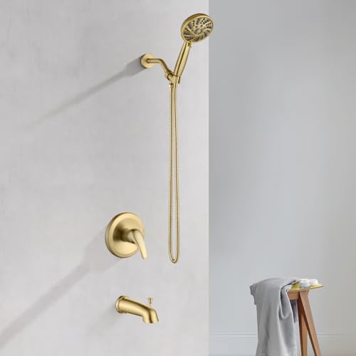 gotonovo Tub Shower Faucet Set with Valve 6 Mode Handheld Brushed Gold | Bathtub Faucet Set,6 Mode ABS Handheld Spray,6.3’’ Metal Tub Spout,Brass Valve Trim Kit,Shower Head and Handle Kit,Wall Mount - color: Gold