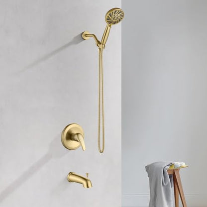 gotonovo Tub Shower Faucet Set with Valve 6 Mode Handheld Brushed Gold | Bathtub Faucet Set,6 Mode ABS Handheld Spray,6.3’’ Metal Tub Spout,Brass Valve Trim Kit,Shower Head and Handle Kit,Wall Mount - color: Gold