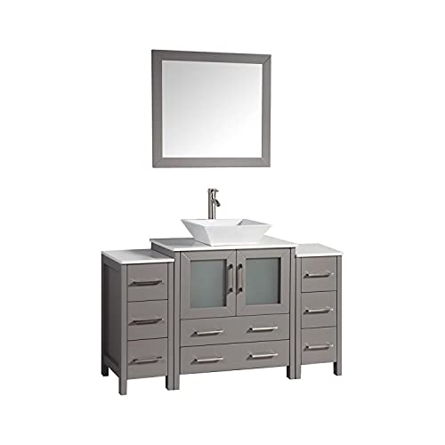 Vanity Art 54 Inch Vessel Single Sink Bathroom Vanity Cabinet with 1 Mirror, Engineered Marble Top Bathroom Cabinet Compact Set with 8 Dovetail Drawers and Soft Closing Doors, VA3130-54-G - color: Grey, size: 54