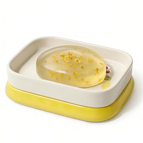 Ceramic Soap Dish, Handpainted Farmhouse Self Draining Soap Holder, Double Layer Bar Soap Holder with Floral Design, Decorative Soap Dish for Bathroom Shower Kitchen Sink, Keeps Soap Dry, ANTIS'S HOME - color: Yellow