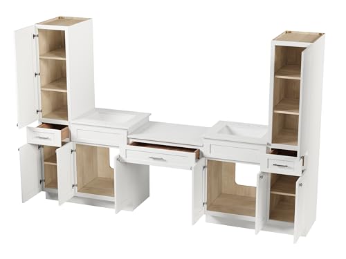 108" Double Sink Bathroom Vanity with Makeup Desk and Dual Linen Storage Towers, 3 Drawers, Carrara Quartz Top and Ceramic Sinks, Solid Wood Frame, 108" x 22" x 72" (White) - color: White
