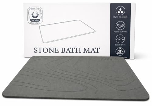 Stone Bath Mat – Quick Dry Diatomite Bath Mat, Non Slip, Fast Absorbing, Bathroom Floor Mat for Shower & Bathtub, Soft Stone Surface (23.7 x 15.4 x 0.3 inch, Grey)