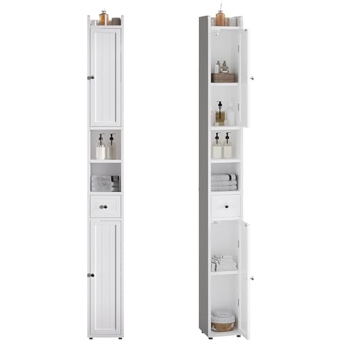 ChooChoo Narrow Bathroom Storage Cabinet with Adjustable Shelves and Drawer | Tall Slim Storage Cabinet, Freestanding Cupboard for Small Spaces, White - color: White, size: 7.87"D x 7.87"W x 70.87"H