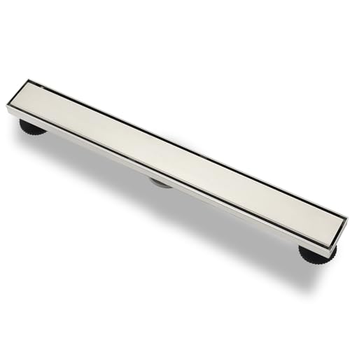 Linear Shower Drain ，24 Inch Brushed 304 Stainless Steel Rectangle Shower Floor Drain，with Reversable Tile-inPattern Drain Cover & Hair Catcher, Adjustable Feet - color: Brushed Nickel, size: 24inch