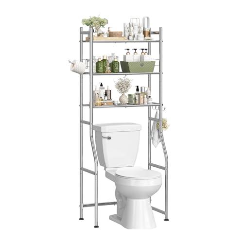 Simple Trending 3 Tier Over The Toilet Rack, Bathroom Shelves with 4 Hooks and Paper Holder, Bathroom Stand Organizer Space Saver, Chrome - color: Silver