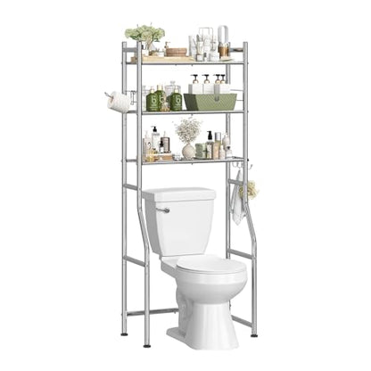Simple Trending 3 Tier Over The Toilet Rack, Bathroom Shelves with 4 Hooks and Paper Holder, Bathroom Stand Organizer Space Saver, Chrome - color: Silver