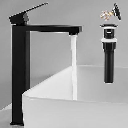KES Vessel Sink Faucet, Black Bathroom Faucets, Tall Bathroom Faucets with Sink Drain with Overflow, L3156BLFF12-BK-C1 - color: Black, style: w/ Drain (WITH Overflow) - TALL Faucet