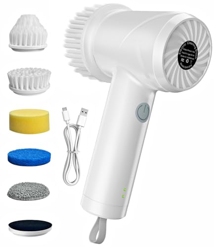 Electric Spin Scrubber - Cordless IPX7 Waterproof Shower Scrubber with 2 Speed Settings and 6 Replaceable Heads，Electric Cleaning Brush for Bathroom，Kitchen and Windows - style: Short Handle