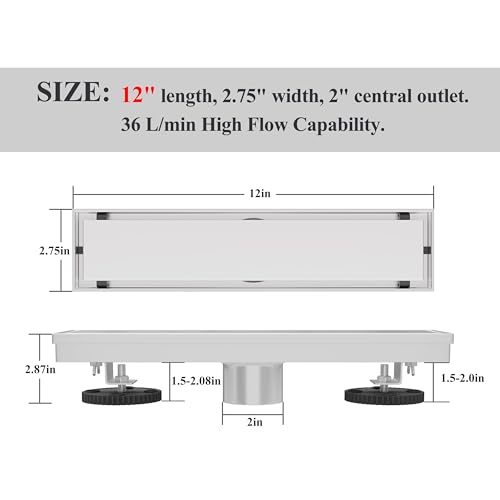 12 Inch Linear Shower Drain Brushed Floor Drain with Removable SUS304 Stainless Steel CUPC Certificate and 2-in-1 Tile Insert Grate Cover - color: Brushed, size: 12inch
