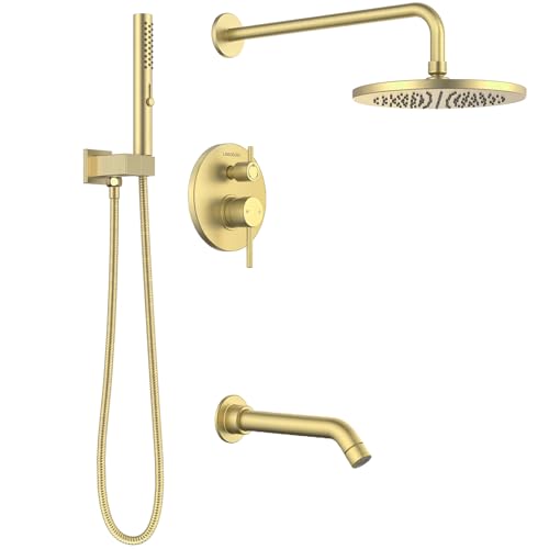 Lava Odoro Modern 3-Setting Round Rain Bathtub and Shower Faucet Set, Gold Rainfall Shower Head and Handle Set, Rain Shower System with Tub Spout, Shower Valve Trim Kit, Brushed Gold, SF104-SG-T - color: Brushed Gold, style: With Tub Spout