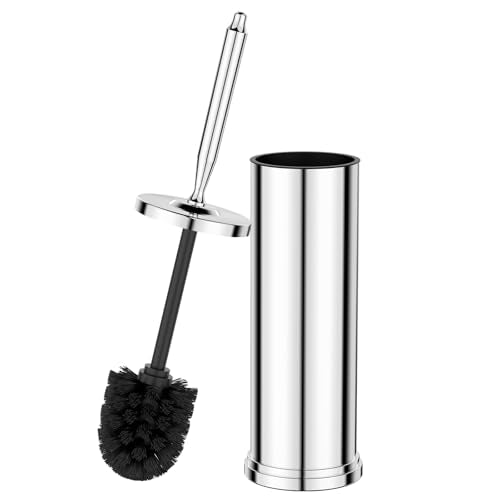 Stainless Steel Toilet Bowl Brush and Holder Set Scrubber Chrome | Weighted Stable Base Removable Inner Tube Toilet Bowl Brush Splash-Proof Design for Deep Cleaning Space Saving Storage - color: Chrome