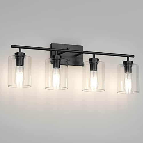Aipsun 4 Lights Black Bathroom Vanity Light Over Mirror with Clear Glass Shades Industrial Bathroom Light Fixtures (Exclude Bulb) - size: 31 inch