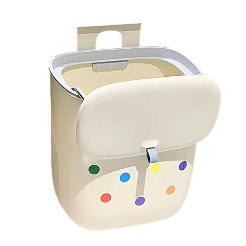 Hanging Trash Can with Lid, 2.5 Gal / 9.5L Wall Mounted Food Waste Bin, Garbage Can for Bathroom Kitchen Cabinet Door, Space Saving, No Punching, Hook and Stickers Included, 7.7 x 1.8 x 3.1 in, Ivory